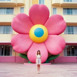 giant flower head, frontal, girl standing in mid century hotel, surreal, symmetry, bright colors, cinematic, wes anderson! dream giant flower head, frontal, girl standing in mid century hotel, surreal, symmetry, bright colors, cinematic, wes anderson