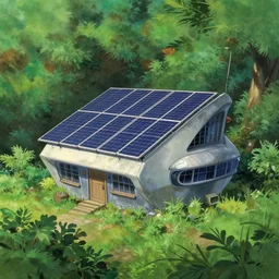 futuristic solar panels on futuristic house in the forest, studio ghibli