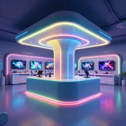 art by filip hodas, pixar and artgerm. rgb led lights, neon, sci - fi architect store design, clean, entertainment center, indoor, spacious. surrealism.