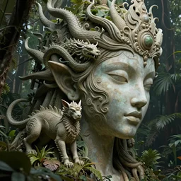 a sculpture of mythical creatures by syd mead, elegant and unusually large beautiful female face emerging from the jungle, intricate, elegant, highly detailed, digital painting by audrey kawasaki, artstation, concept art, ambient occlusion, vray render,
