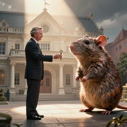 photo of a mayor handing the key to the town hall to a giant rat