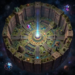 an intricate matte painting of an epic galactic isometric megadungeon map played by the gods, iridescent light bouncing off magical d20, by Christophe Vacher and Bastien Lecouffe-Deharme, trending on artstation