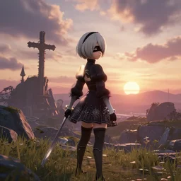 beautiful Nier Automata landscape, sunset