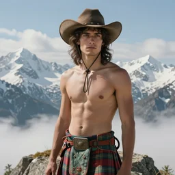 a homoerotic portrait by greg rutkowski and albert bierstadt and bill ward of a shirtless desi hiker on a mountain peak with a cowboy hat and tartan kilt | background is snowy mountains and clouds | detailed face, ethereal, dreamlike | trending on artstation