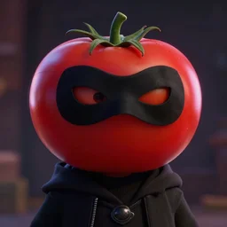 a highly detailed deviant tomato character, wearing a black burglar mask, cinematic lighting, deviantart, lowbrow, surrealism, pixar still