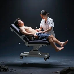 acupuncture treatment, realistic human receiving acupuncture, the chair is floating in a dramatic scene above ground, floating in space, beautiful, dramatic lighting