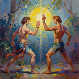 two Artificial Intelligence fighting for creating the most impressive art painting, colorful, oil painting, digital art, trending on artstation