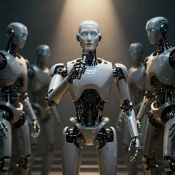 a human robot dictator delivering a propaganda speech to human robots, very artistic, ominous