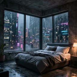 futuristic bedroom, brutalist, ceiling high windows, cyberpunk, cityscape, neon lights, night, raining, volumetric light