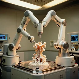a complex bifurcated robotic cnc surgical arm cybernetic symbiosis hybrid mri 3 d printer machine making organic ceramic fractal forms in the manufactury with control panels, golden hour lighting, film still from the movie directed by denis villeneuve with art direction by wayne barlowe and salvador dali, wide lens, f 3 2,
