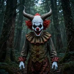 a clown with big horns in the forest, darkness, creepy