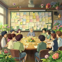 a wholesome animation key shot of a conference room full of notes like a board room case by studio ghibli, nicoletta ceccoli, mark ryden, lostfish, max fleischer, detailed and intricate environment, bloom, 8 k resolution, hyperrealistic, octane render, vivid colors, bright, cheerful, detailed and intricate environment
