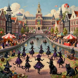A bustling magical town, witches and black cats are dancing around a colorful music festival near water canals, the large academy of magic and science can be seen towering in the distance, inspired by Victorian England and Amsterdam and Paris, highly detailed, digital painting, trending on artstation, matte painting, octane render, 8k, unreal engine