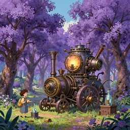 purple flower trees, steampunk!!!! steam machines, bottle, garden, grainy texture, infographic with illustrations, glowing lights, epic fantasy, colorfully, digital art, highly saturated colors, concept art, detailed illustration, hd, 4 k, digital art, greg rutkowski, dan mumford, studio ghibli trending on artstation