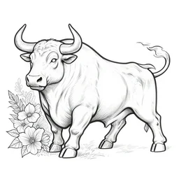 amazing line art, side view of a charging bull, bold strong lines floral