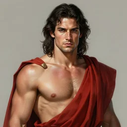 photo portrait of aaron taylor johnson as poseidon, greek god, dark hair, red toga, masculine, mature, handsome, upper body, muscular, shiny skin, fantasy, intricate, elegant, highly detailed, digital painting, artstation, concept art, smooth, sharp focus, illustration, art by gaston bussiere and greg rutkowski