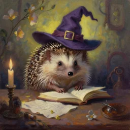 hedgehog witch in a cozy study. complementary colors, oil painting, indie concept art, bloom, chiaroscuro, backlighting, intricate details.