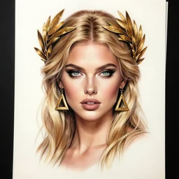 tattoo design sketch of hot blonde super model as aphrodite greek goddess wearing a gold laurel wreath and triangle earrings, beautiful piercing gaze with sharp pupils, in the style of greg rutkowski, fantasy, amazing detail, epic, elegant, smooth, sharp focus, front view