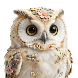 medium close - up shot of a very cute and relaxed highly floral ornamented owl chick, by esao andrews, by m. w. kaluta, by yoshita amano, volumetric light, rich colors, natural lighting, very humorous!!!, smooth, depth perception, 4 k, unreal engine 5, artstation