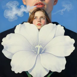 young maren looks at the sky from behind the guy's mouth, a puff of smoke falls, the guy's flowers are large, with soft line, symmetrical patterns, in style marco mazzoni, greg rutkowski, artgerm