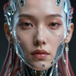 a beautiful close up portrait of human face, with epic bionic cyborg implants, wires, tubes, biomechanical details, liquid, prismatic highlights, depth of field, cinematic, concept art, 5 0 mm, artstation, elegant, focus, octane render, vray, by h. r. giger