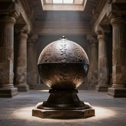 an iron ball with weird symbols engraved on it, the ball is on a pedestal in a midle of an antic temple, the light enter the room by a hall in the ceiling
