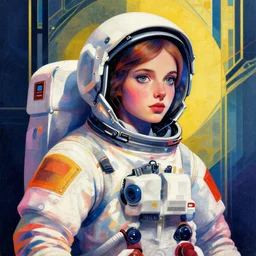 portrait of a young astronaut girl,  colorful,modern art deco, Mads Berg, Karolis Strautniekas, stippled light, fine texture, editorial illustration, dramatic lighting, dynamic composition, detailed, matte print