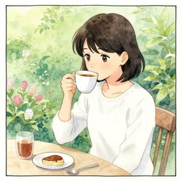 hanako tanaka drinking coffee in the garden. watercolor by the award - winning comic artist