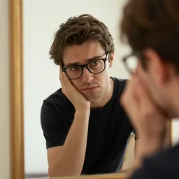 sad man with brown hair and glasses looking in the mirror
