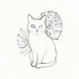 tattoo sketch of a cat with one eye, monstera epipremnoides, a draft, organic ornament, minimalism, line art, vector