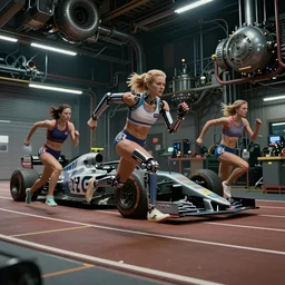 Dark City, Inherent Vice, Collateral, Olivia Pope, Olympics footage, female Sprinter athletes on track at high speed with mechanical limbs, diesel punk, intricate machinery, intense moment, cinematic stillframe, dramatic lighting, The fifth element, robotics, formula 1 garage, starring Geena Davis
