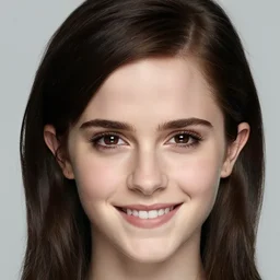 color studio photo of emma watson with asian eyes, closeup, smiling, black hair