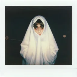 an instant photo of a handsome but sinister ghost of a young man in layers of fear, with violence in his eyes, 1 9 7 0 s, seventies, woodlands, delicate embellishments, painterly, offset printing technique, by mary jane ansell