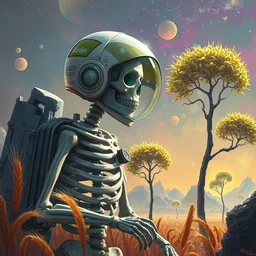 a skeleton astronaut!!!!!!!!! with his helmet off by greg rutkowski on a colorful alien wheat world with lime!!!! trees