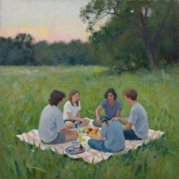 the grass for a picnic, summer evening, a painting by kenton nelson.
