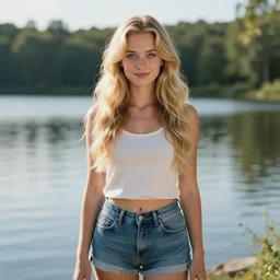 a very beautiful swedish girl, full body, long wavy blond hair, sky blue eyes, full round face, short smile, cute top, short jeans, summer lake setting, cinematic lightning, medium shot, mid-shot, highly detailed, trending on Artstation, Unreal Engine 4k, cinematic wallpaper by Stanley Artgerm Lau, WLOP, Rossdraws, James Jean, Andrei Riabovitchev, Marc Simonetti, and Sakimichan