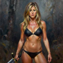 the portrait of jennifer aniston as a bikini warrior by roberto ferri, fantasy, witcher, very detailed oil painting, masterpiece, 8 k