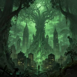 beautiful city of the future with lovecraftian themes, cthulhu, trees, green ambient light, dusk, trending artstation