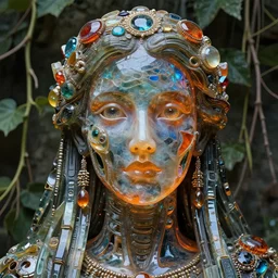 detailed portrait, high priestess, molten glassworks face sculpted features, large eyes, statuesque, glass skin, fiberglass hair, tech noir, opulent, encrusted, jewel, refractions, cybernetic, organic impressionism, vine backdrop, natural colors, octane render