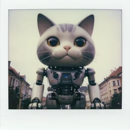 giant oversized cat as cyborg, in legnica, full body shot, cinematic focus, polaroid photo, vintage, neutral dull colors, soft lights, realistic film still close up by by victor enrich, by gregory crewdson