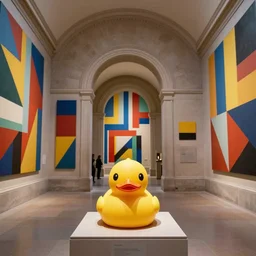1 8 mm f / 8 wide shot, one! photorealistic rubber duck in foreground on a pedestal in an cavernous museum gallery, metropolitan museum of art, the walls are covered with colorful geometric wall paintings in the style of sol lewitt, tall arched stone doorways, through the doorways are more wall paintings in the style of sol lewitt.