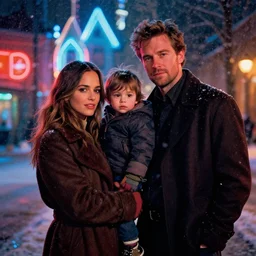 winter, colin farrell with jessica alba, with their kid, neon light, painting by gaston bussiere, craig mullins, j. c. leyendecker