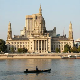 a man on a small boat on a river with fractal city, neoclassical architecture, ancient high buildings, vertical classical temples