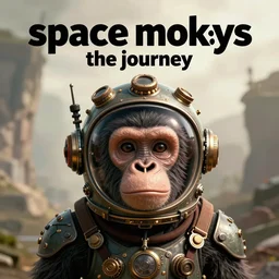 movie poster, title space monkeys, subtitle the journey, a cute steampunk ape head with a steampunk space helmet with multicolored glowing tubes and cables, crisp, trippy, fluorescent colors, insanely detailed, 3 d render, front shot, 3 5 mm