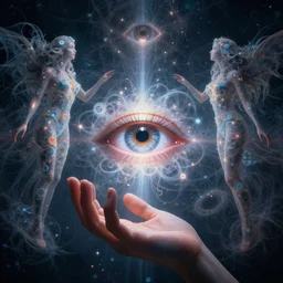 dmt elves, fractal geometry, psychedelic visions, beaming from an eye on a hand