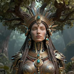 highly lifelike beautiful divine tribal queen with regalia adornments in a tree wide rayshade hdr face axonometricy mechanical fantasy intricate elegant, in void of latent space, volumetric lighting 3 d modelling