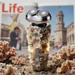 realistic product photo of an electric razor designed covered in shriveling dead semi - translucent iridescent coral reef, emitting aura, the lighter is designed by dieter rams, 1 9 6 0, life magazine photo, natural colors, metropolitan museum, kodak, 8 k, very detailed, high resolution, product photo,