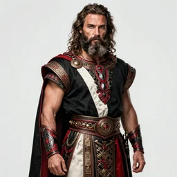 chris pratt ancient corsican, black red white clothes, long beard, intricate, highly detailed, artstation, sharp focus, illustration, jurgens, aleksi briclot, rutkowski, bouguereau, mucha