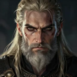 geralt of rivia with long beard and intense eyes, scarred, close up, rim lighting, portrait, sinister atmospheric lighting. highly detailed painting by greg rutkowski, anime style