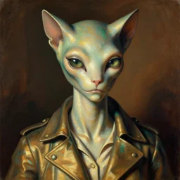 detailed portrait in femininity, alien, feline, realistic face sculpted features, clear eyes, statuesque model, opalescent skin, structure jacket with collared shirt, warm glow, bathed in light, chiaroscuro, specular highlights, angular impressionism, radiant, deep rich tones, burnt sienna and emerald color palette, vintage illustration